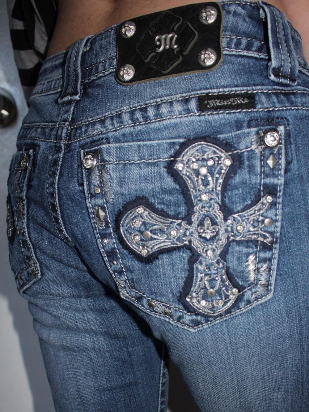 Miss Me Embellished Cross Pocket Jeans - Blue Wash